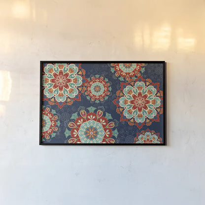 Folk Floral VIII Dark by Veronique Charron. shown as a paper print in a black flame. Available as a archival giclee rolled canvas, fine art paper, or poster print. SKU 47030i.