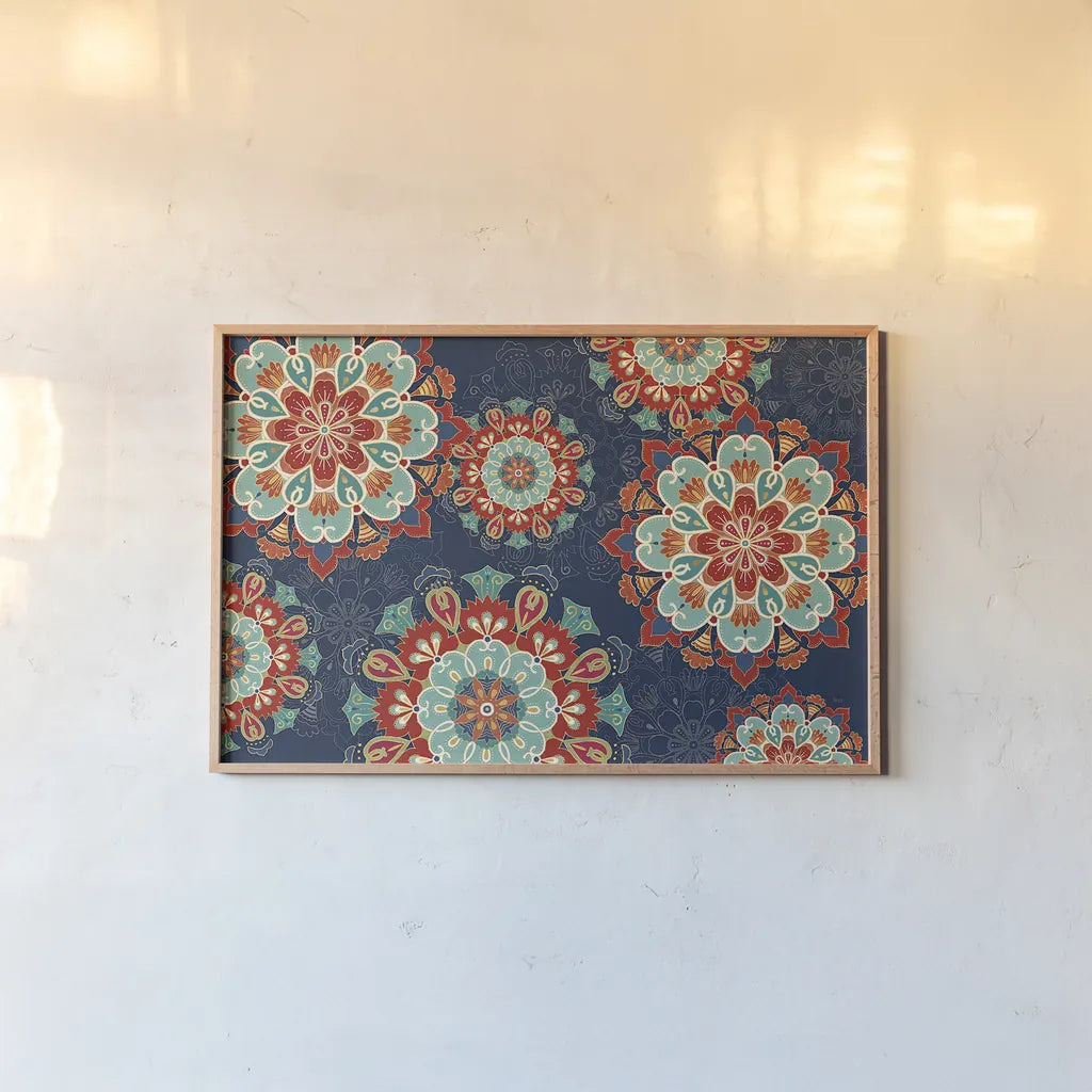 Folk Floral VIII Dark by Veronique Charron. shown as a paper print in a natural frame. Available as a archival giclee rolled canvas, fine art paper, or poster print. SKU 47030i.