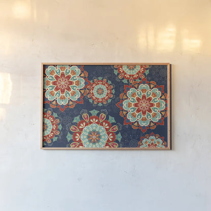 Folk Floral VIII Dark by Veronique Charron. shown as a paper print in a natural frame. Available as a archival giclee rolled canvas, fine art paper, or poster print. SKU 47030i.