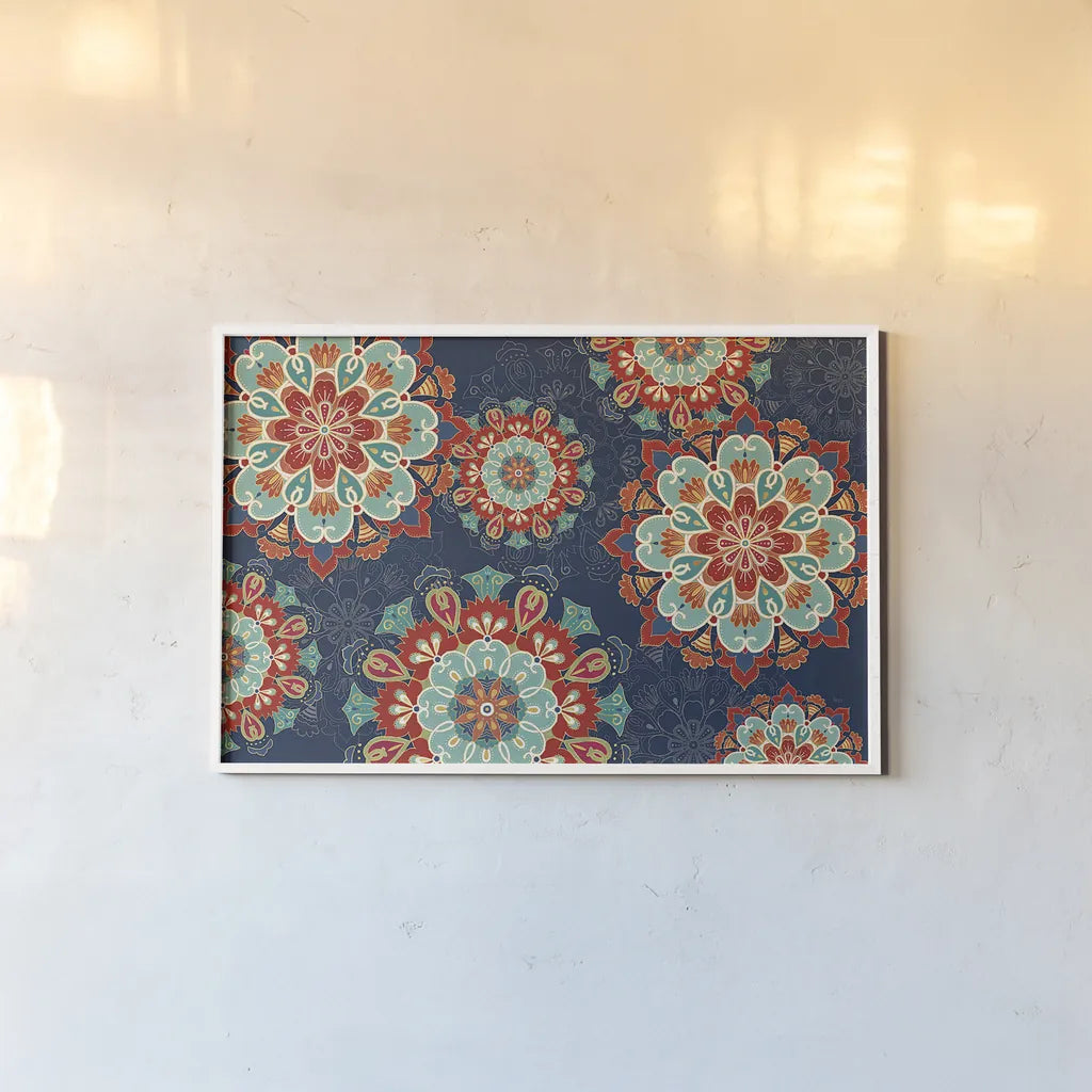 Folk Floral VIII Dark by Veronique Charron. shown as a paper print in a white frame. Available as a archival giclee rolled canvas, fine art paper, or poster print. SKU 47030i.