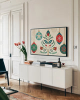 Folk Holiday I by Veronique Charron. shown as a framed stretched canvas in a living room above a console. Available as a archival giclee rolled canvas, fine art paper, or poster print. SKU 97722i.
