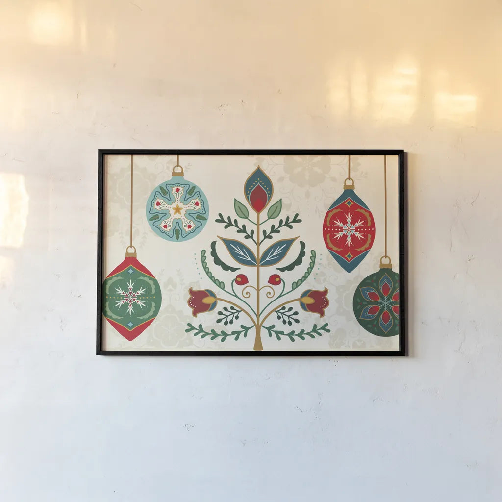 Folk Holiday I by Veronique Charron. shown as a paper print in a black flame. Available as a archival giclee rolled canvas, fine art paper, or poster print. SKU 97722i.