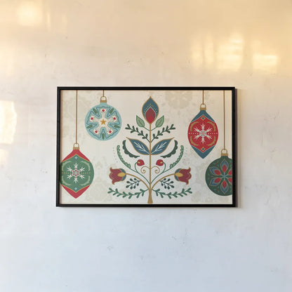 Folk Holiday I by Veronique Charron. shown as a paper print in a black flame. Available as a archival giclee rolled canvas, fine art paper, or poster print. SKU 97722i.