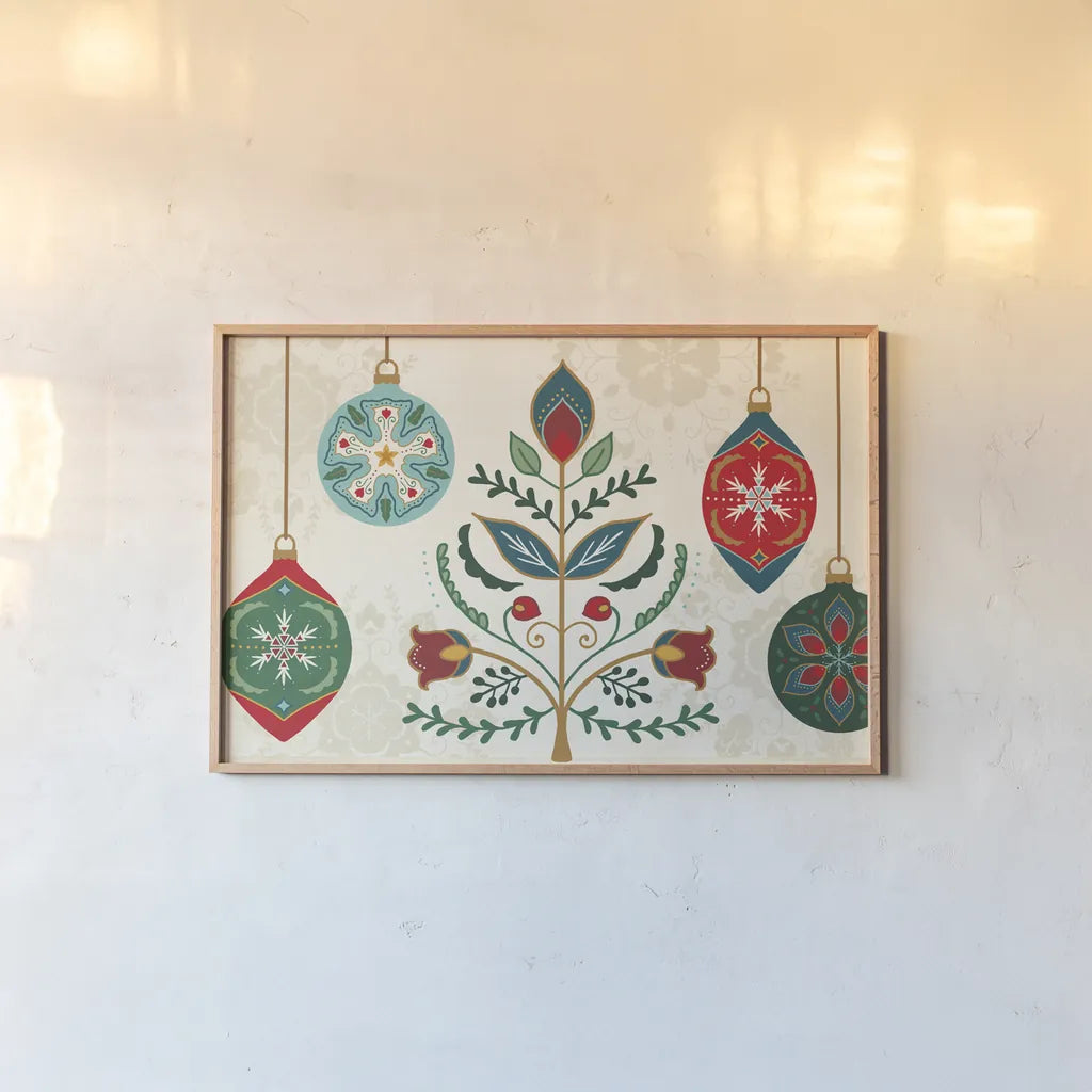Folk Holiday I by Veronique Charron. shown as a paper print in a natural frame. Available as a archival giclee rolled canvas, fine art paper, or poster print. SKU 97722i.
