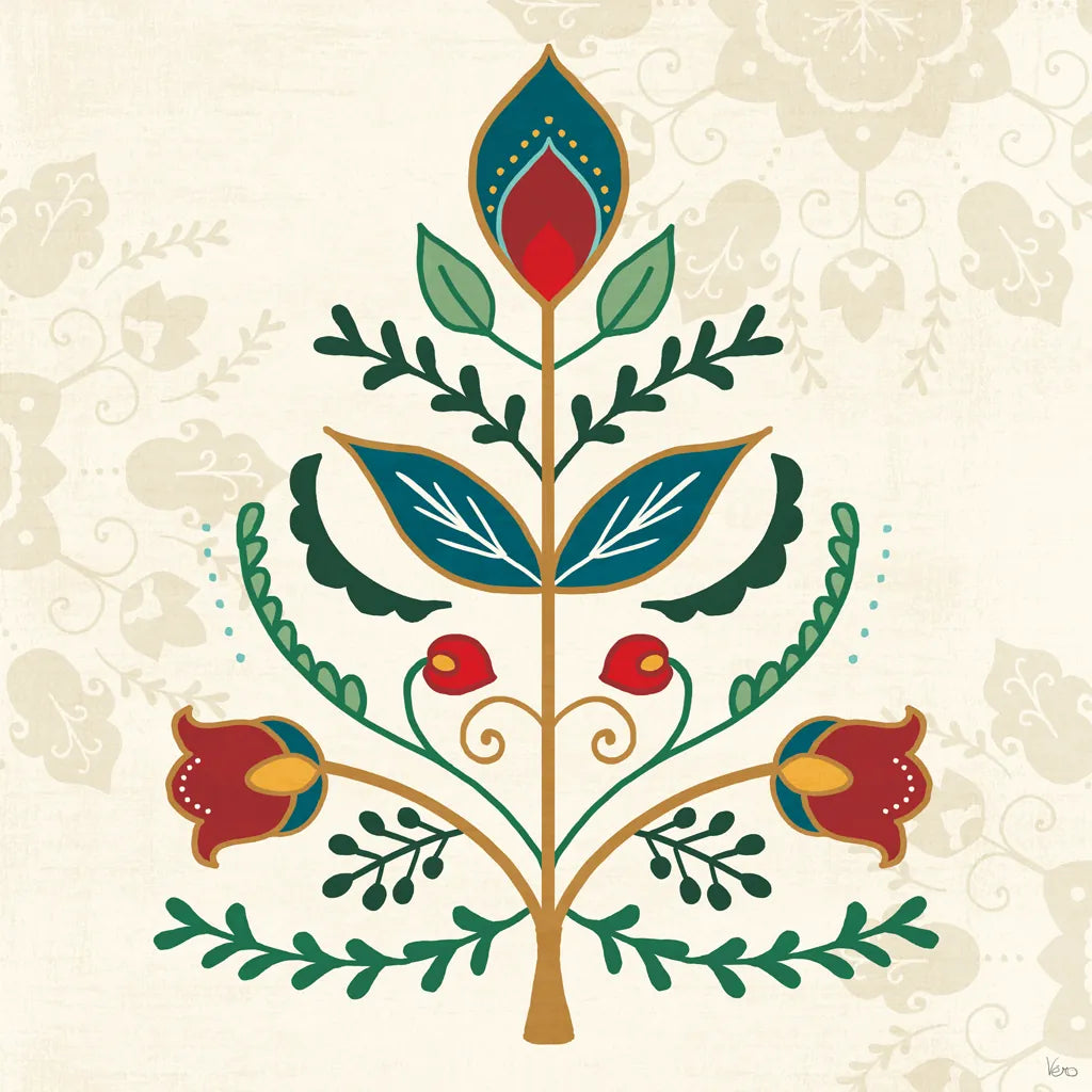 Folk Holiday II by Veronique Charron. SKU 97723a. Archival Giclee Fine art print for wall decor.