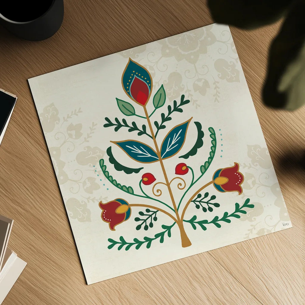 Folk Holiday II by Veronique Charron. Shown as a detailed flat fine art print, highlighting archival giclee quality. Available as an archival giclee rolled canvas, fine art paper, or poster print. SKU 97723a.