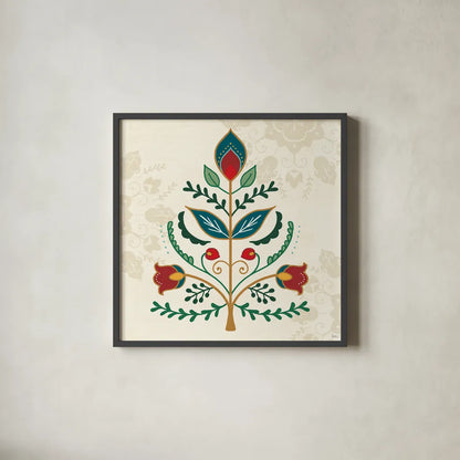 Folk Holiday II by Veronique Charron. Shown in a sleek black glass frame for a contemporary gallery look. Available as an archival giclee rolled canvas, fine art paper, or poster print. SKU 97723a.