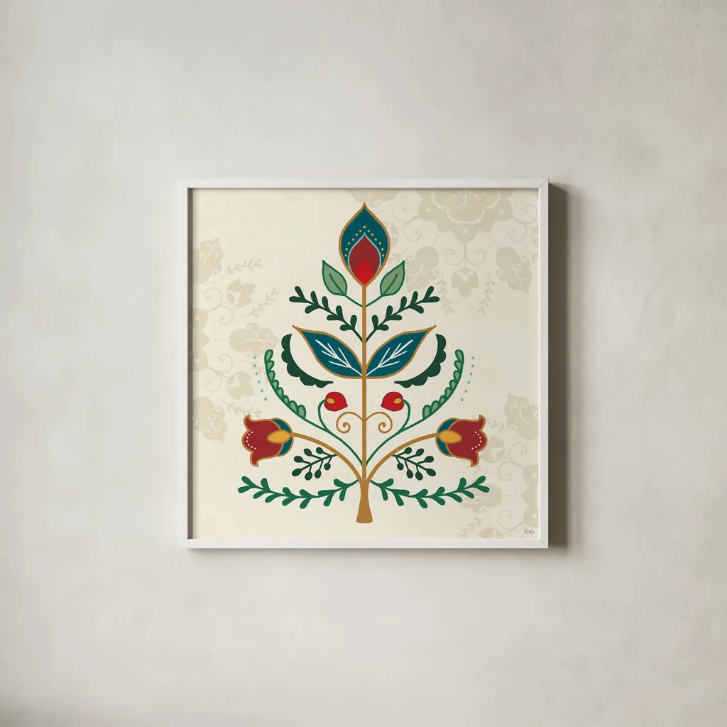 Folk Holiday II by Veronique Charron. Shown in a crisp white glass frame for a clean and minimalist style. Available as an archival giclee rolled canvas, fine art paper, or poster print. SKU 97723a.