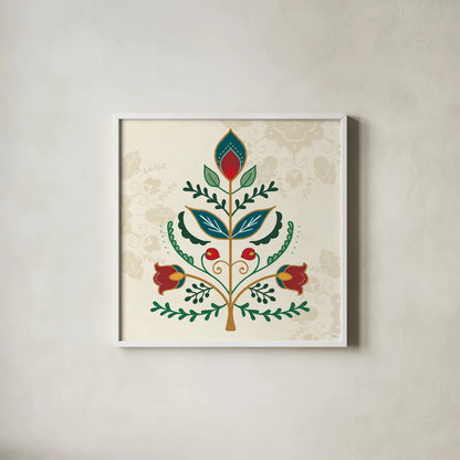 Folk Holiday II by Veronique Charron. Shown in a crisp white glass frame for a clean and minimalist style. Available as an archival giclee rolled canvas, fine art paper, or poster print. SKU 97723a.