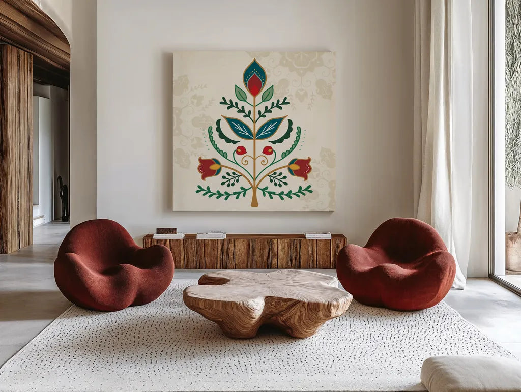 Folk Holiday II by Veronique Charron. Shown as extra-large giant wall art in a modern living room. Available as an archival giclee rolled canvas, fine art paper, or poster print. SKU 97723a.