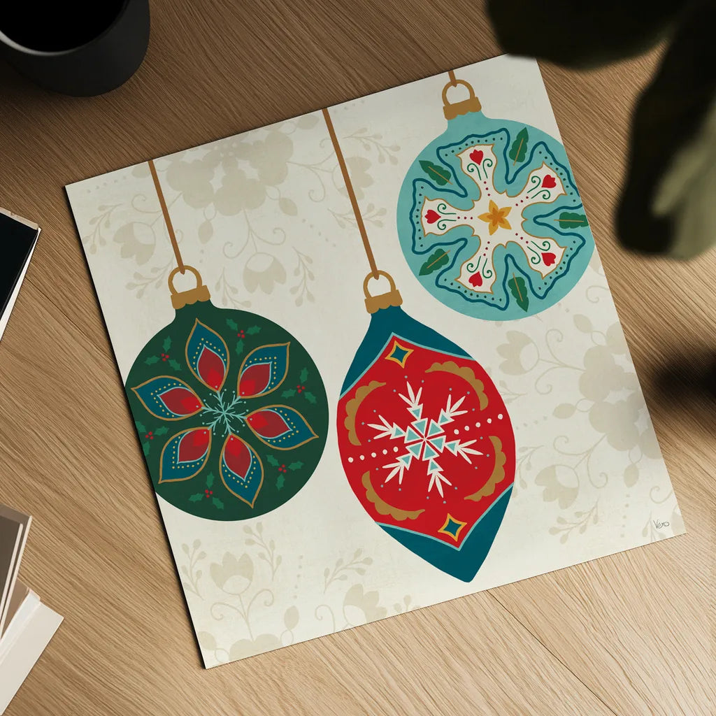 Folk Holiday III by Veronique Charron. Shown as a detailed flat fine art print, highlighting archival giclee quality. Available as an archival giclee rolled canvas, fine art paper, or poster print. SKU 97724a.