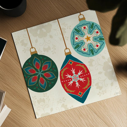 Folk Holiday III by Veronique Charron. Shown as a detailed flat fine art print, highlighting archival giclee quality. Available as an archival giclee rolled canvas, fine art paper, or poster print. SKU 97724a.