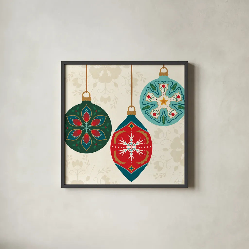 Folk Holiday III by Veronique Charron. Shown in a sleek black glass frame for a contemporary gallery look. Available as an archival giclee rolled canvas, fine art paper, or poster print. SKU 97724a.