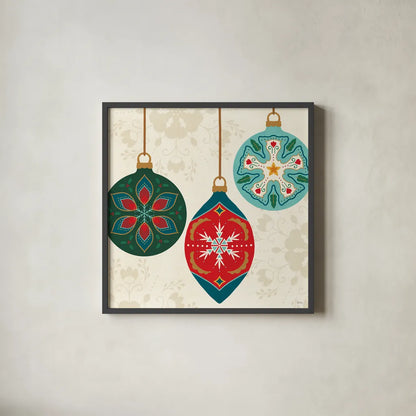 Folk Holiday III by Veronique Charron. Shown in a sleek black glass frame for a contemporary gallery look. Available as an archival giclee rolled canvas, fine art paper, or poster print. SKU 97724a.