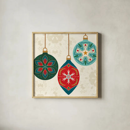 Folk Holiday III by Veronique Charron. Shown in a natural wood glass frame for a timeless modern aesthetic. Available as an archival giclee rolled canvas, fine art paper, or poster print. SKU 97724a.