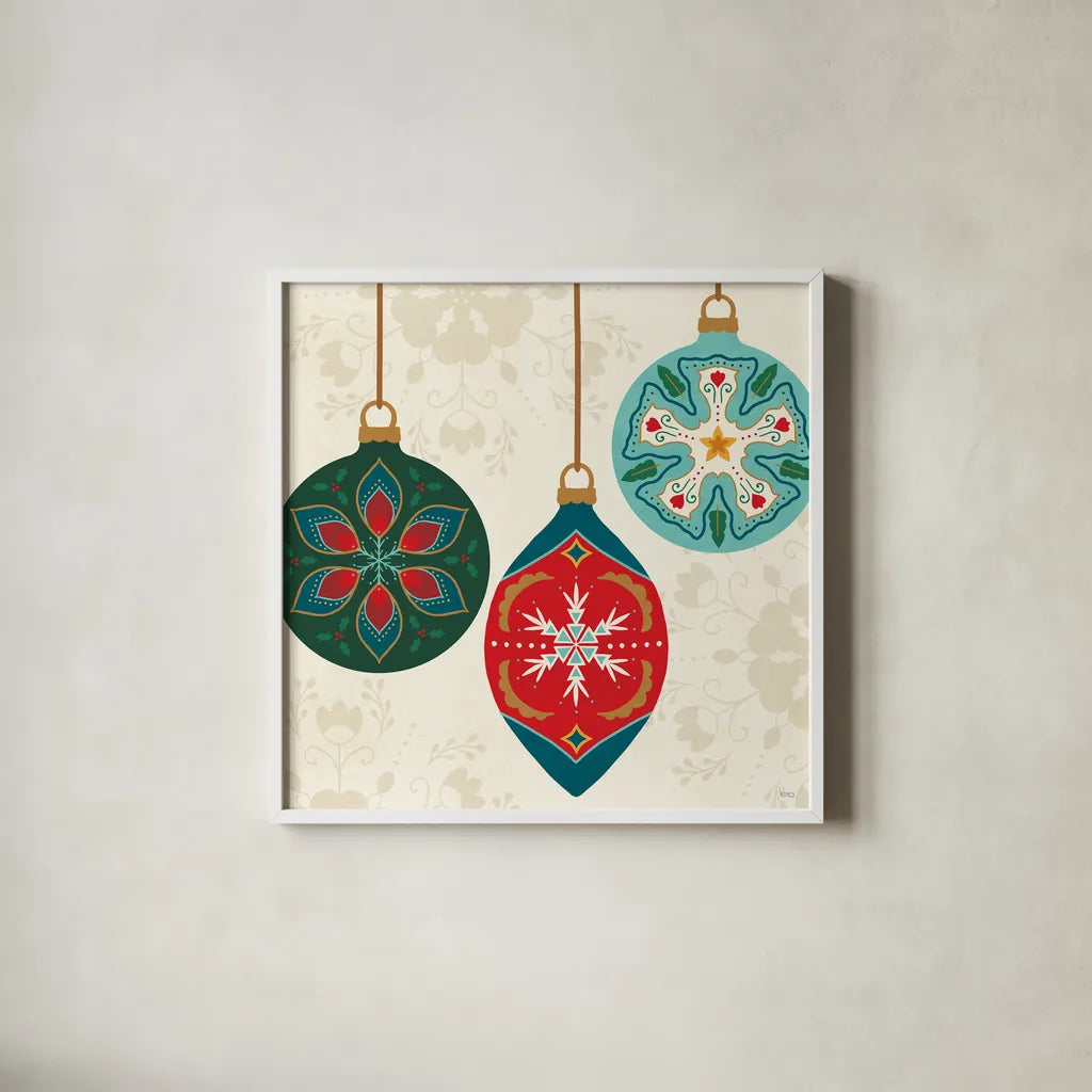 Folk Holiday III by Veronique Charron. Shown in a crisp white glass frame for a clean and minimalist style. Available as an archival giclee rolled canvas, fine art paper, or poster print. SKU 97724a.