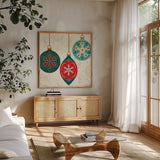 Folk Holiday III by Veronique Charron. Shown in a natural wood frame in a cozy modern living room. Available as an archival giclee rolled canvas, fine art paper, or poster print. SKU 97724a.