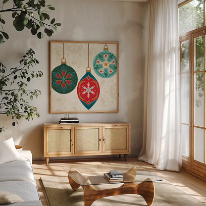 Folk Holiday III by Veronique Charron. Shown in a natural wood frame in a cozy modern living room. Available as an archival giclee rolled canvas, fine art paper, or poster print. SKU 97724a.