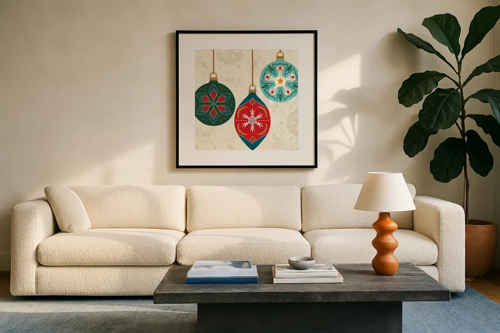 Folk Holiday III by Veronique Charron. Displayed in a glass frame with matte in a clean modern living room. Available as an archival giclee rolled canvas, fine art paper, or poster print. SKU 97724a.