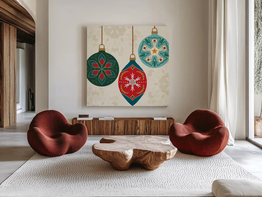 Folk Holiday III by Veronique Charron. Shown as extra-large giant wall art in a modern living room. Available as an archival giclee rolled canvas, fine art paper, or poster print. SKU 97724a.