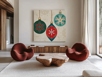 Folk Holiday III by Veronique Charron. Shown as extra-large giant wall art in a modern living room. Available as an archival giclee rolled canvas, fine art paper, or poster print. SKU 97724a.