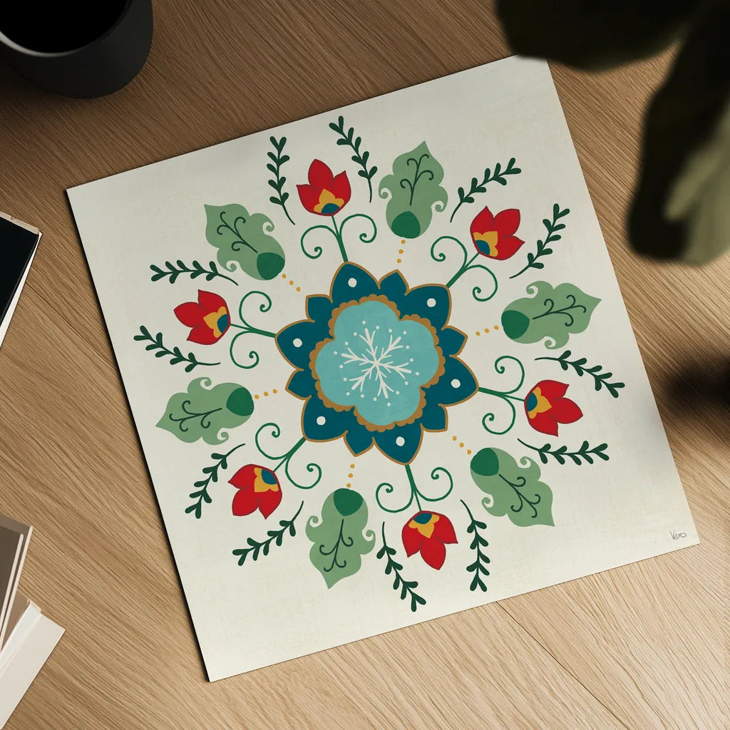 Folk Holiday IV by Veronique Charron. Shown as a detailed flat fine art print, highlighting archival giclee quality. Available as an archival giclee rolled canvas, fine art paper, or poster print. SKU 97725a.