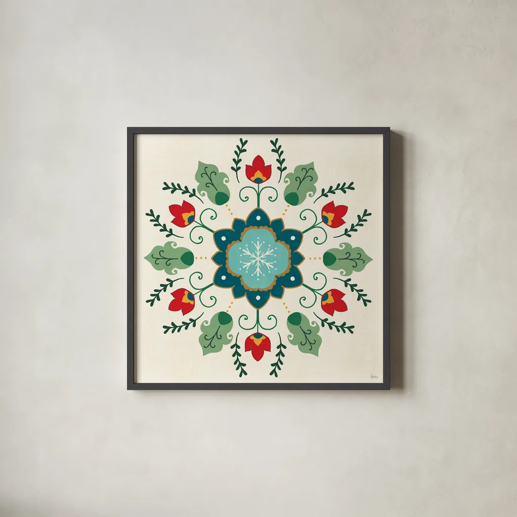 Folk Holiday IV by Veronique Charron. Shown in a sleek black glass frame for a contemporary gallery look. Available as an archival giclee rolled canvas, fine art paper, or poster print. SKU 97725a.