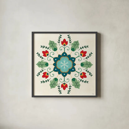 Folk Holiday IV by Veronique Charron. Shown in a sleek black glass frame for a contemporary gallery look. Available as an archival giclee rolled canvas, fine art paper, or poster print. SKU 97725a.
