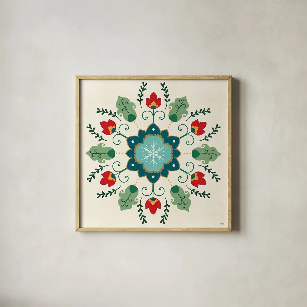 Folk Holiday IV by Veronique Charron. Shown in a natural wood glass frame for a timeless modern aesthetic. Available as an archival giclee rolled canvas, fine art paper, or poster print. SKU 97725a.