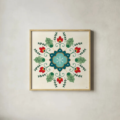Folk Holiday IV by Veronique Charron. Shown in a natural wood glass frame for a timeless modern aesthetic. Available as an archival giclee rolled canvas, fine art paper, or poster print. SKU 97725a.