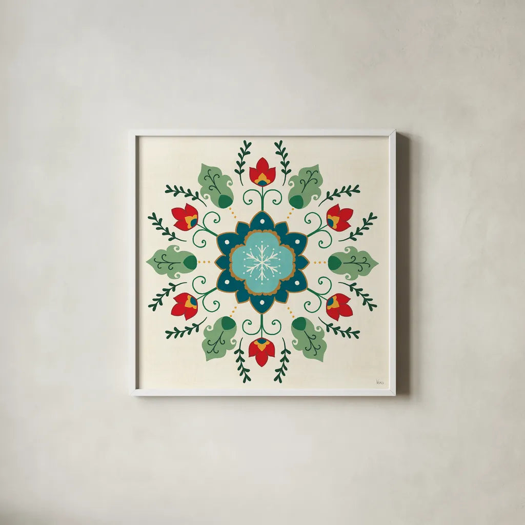 Folk Holiday IV by Veronique Charron. Shown in a crisp white glass frame for a clean and minimalist style. Available as an archival giclee rolled canvas, fine art paper, or poster print. SKU 97725a.
