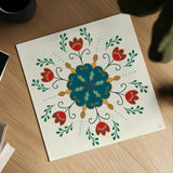 Folk Holiday V by Veronique Charron. Shown as a detailed flat fine art print, highlighting archival giclee quality. Available as an archival giclee rolled canvas, fine art paper, or poster print. SKU 97726a.