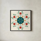 Folk Holiday V by Veronique Charron. Shown in a sleek black glass frame for a contemporary gallery look. Available as an archival giclee rolled canvas, fine art paper, or poster print. SKU 97726a.