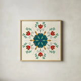 Folk Holiday V by Veronique Charron. Shown in a natural wood glass frame for a timeless modern aesthetic. Available as an archival giclee rolled canvas, fine art paper, or poster print. SKU 97726a.