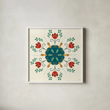 Folk Holiday V by Veronique Charron. Shown in a crisp white glass frame for a clean and minimalist style. Available as an archival giclee rolled canvas, fine art paper, or poster print. SKU 97726a.