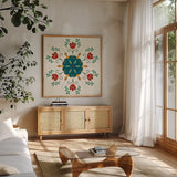 Folk Holiday V by Veronique Charron. Shown in a natural wood frame in a cozy modern living room. Available as an archival giclee rolled canvas, fine art paper, or poster print. SKU 97726a.
