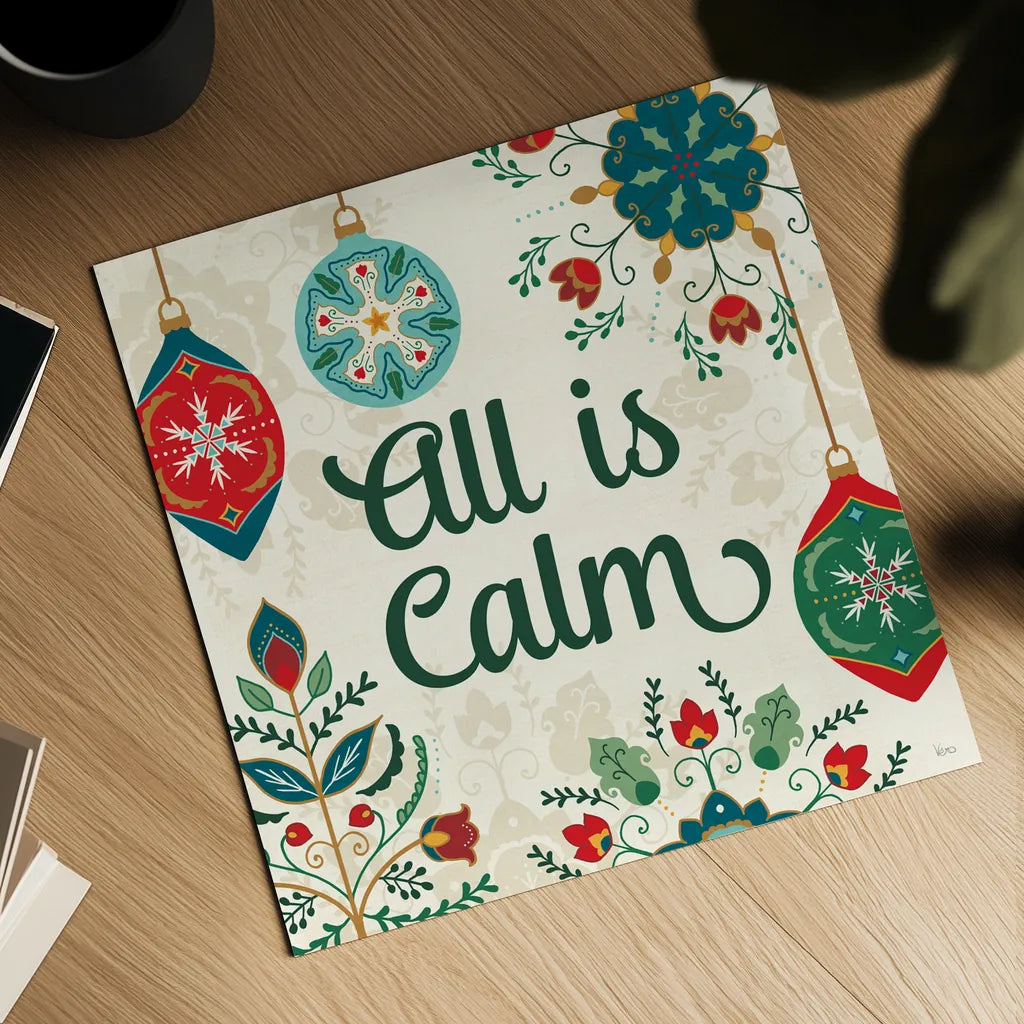 Folk Holiday VI by Veronique Charron. Shown as a detailed flat fine art print, highlighting archival giclee quality. Available as an archival giclee rolled canvas, fine art paper, or poster print. SKU 97727a.