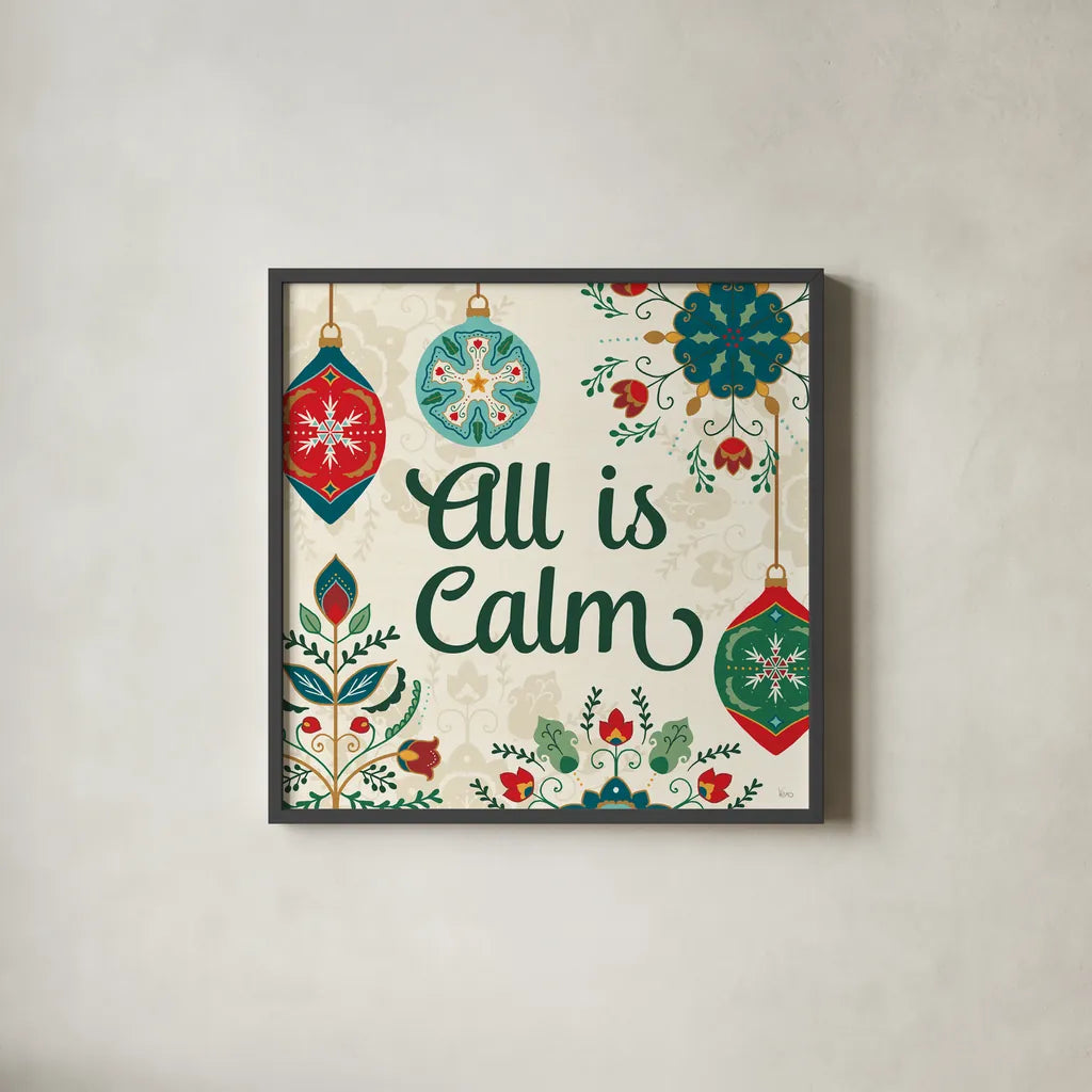 Folk Holiday VI by Veronique Charron. Shown in a sleek black glass frame for a contemporary gallery look. Available as an archival giclee rolled canvas, fine art paper, or poster print. SKU 97727a.