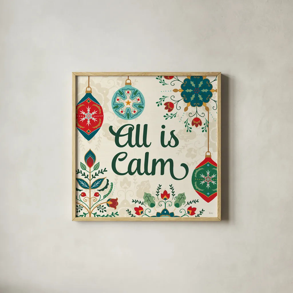 Folk Holiday VI by Veronique Charron. Shown in a natural wood glass frame for a timeless modern aesthetic. Available as an archival giclee rolled canvas, fine art paper, or poster print. SKU 97727a.