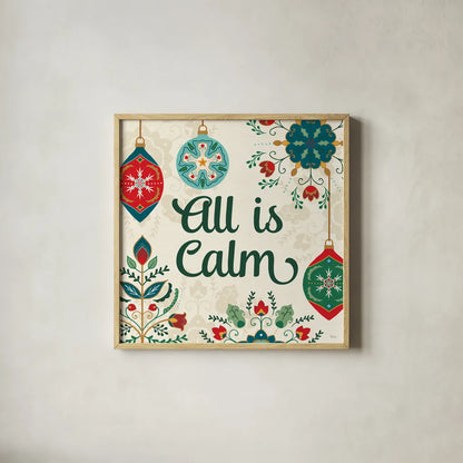 Folk Holiday VI by Veronique Charron. Shown in a natural wood glass frame for a timeless modern aesthetic. Available as an archival giclee rolled canvas, fine art paper, or poster print. SKU 97727a.