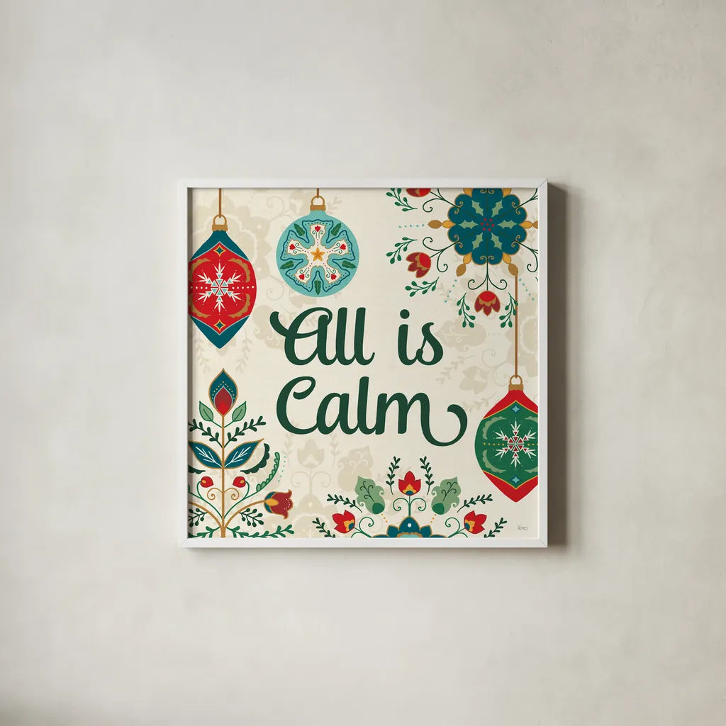 Folk Holiday VI by Veronique Charron. Shown in a crisp white glass frame for a clean and minimalist style. Available as an archival giclee rolled canvas, fine art paper, or poster print. SKU 97727a.