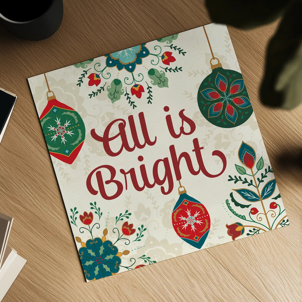 Folk Holiday VII by Veronique Charron. Shown as a detailed flat fine art print, highlighting archival giclee quality. Available as an archival giclee rolled canvas, fine art paper, or poster print. SKU 97728a.