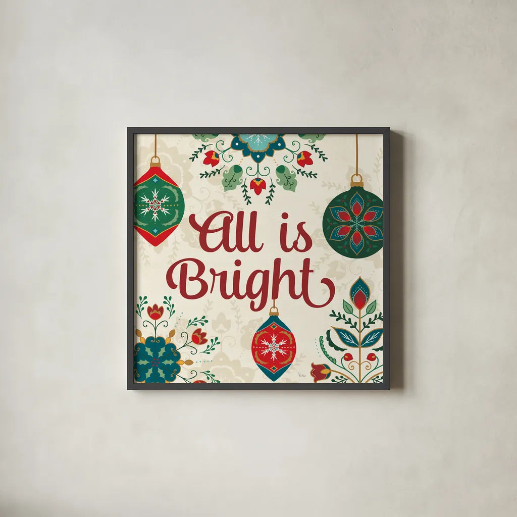 Folk Holiday VII by Veronique Charron. Shown in a sleek black glass frame for a contemporary gallery look. Available as an archival giclee rolled canvas, fine art paper, or poster print. SKU 97728a.