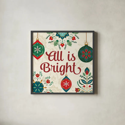 Folk Holiday VII by Veronique Charron. Shown in a sleek black glass frame for a contemporary gallery look. Available as an archival giclee rolled canvas, fine art paper, or poster print. SKU 97728a.