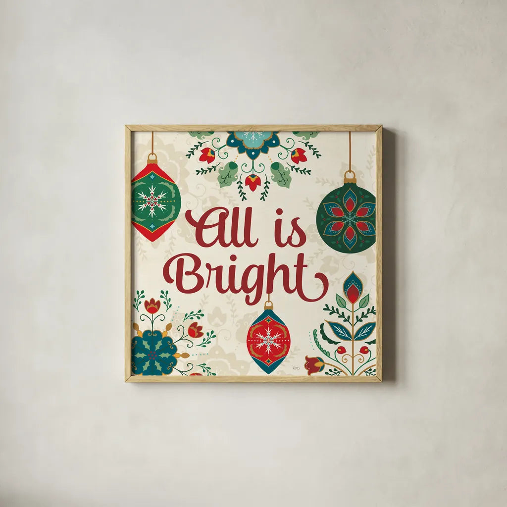 Folk Holiday VII by Veronique Charron. Shown in a natural wood glass frame for a timeless modern aesthetic. Available as an archival giclee rolled canvas, fine art paper, or poster print. SKU 97728a.