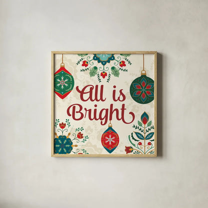 Folk Holiday VII by Veronique Charron. Shown in a natural wood glass frame for a timeless modern aesthetic. Available as an archival giclee rolled canvas, fine art paper, or poster print. SKU 97728a.