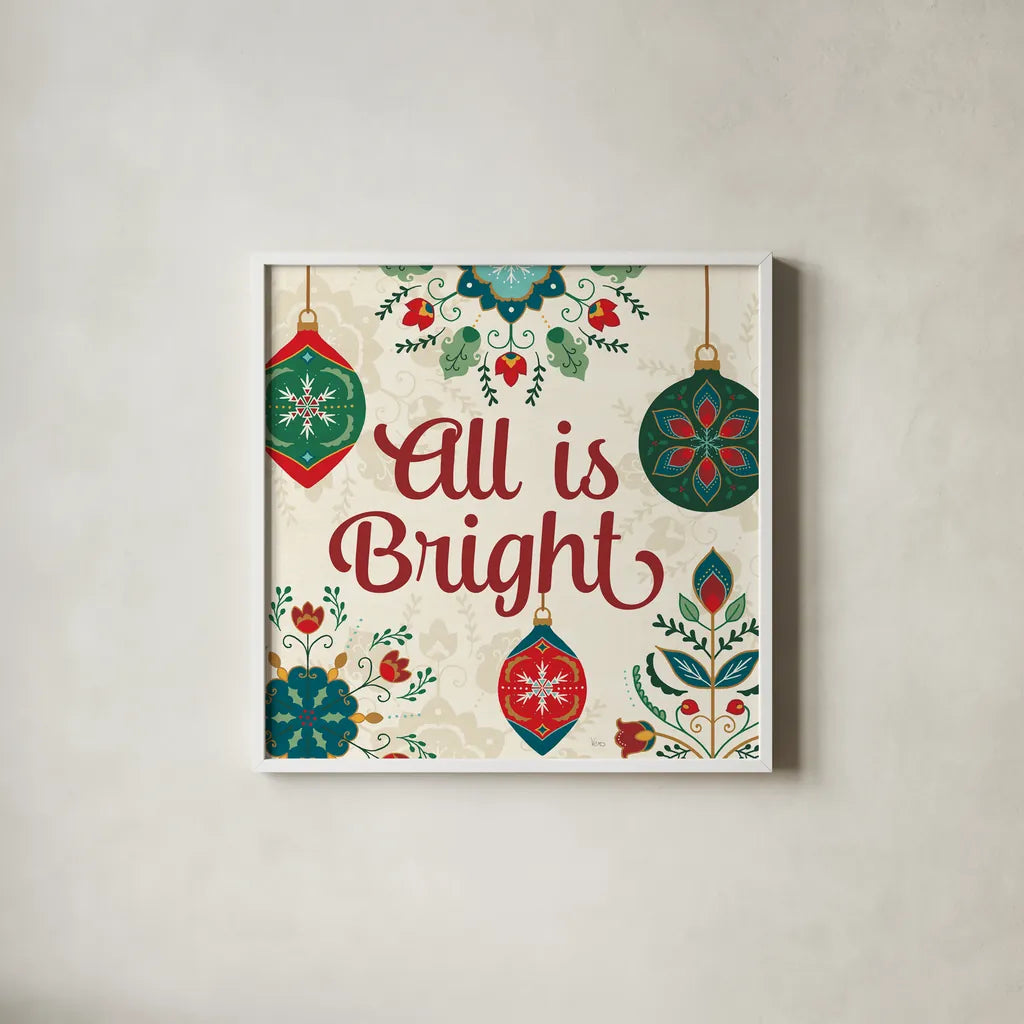 Folk Holiday VII by Veronique Charron. Shown in a crisp white glass frame for a clean and minimalist style. Available as an archival giclee rolled canvas, fine art paper, or poster print. SKU 97728a.