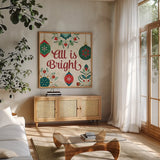 Folk Holiday VII by Veronique Charron. Shown in a natural wood frame in a cozy modern living room. Available as an archival giclee rolled canvas, fine art paper, or poster print. SKU 97728a.