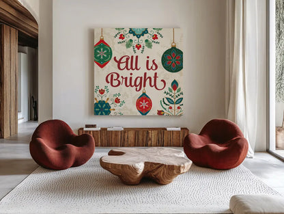 Folk Holiday VII by Veronique Charron. Shown as extra-large giant wall art in a modern living room. Available as an archival giclee rolled canvas, fine art paper, or poster print. SKU 97728a.