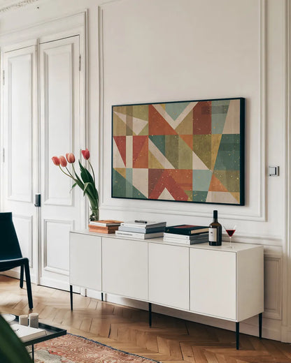 Framework I Spice by Veronique Charron. shown as a framed stretched canvas in a living room above a console. Available as a archival giclee rolled canvas, fine art paper, or poster print. SKU 28820i.